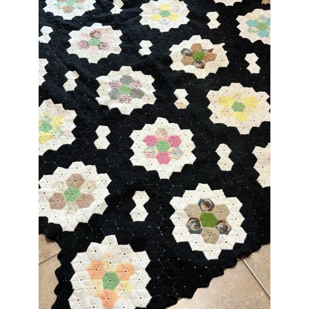 Vintage Handmade Crochet Afghan Hexagon Quilt Throw 69x63 Heavy Grandma Cottage